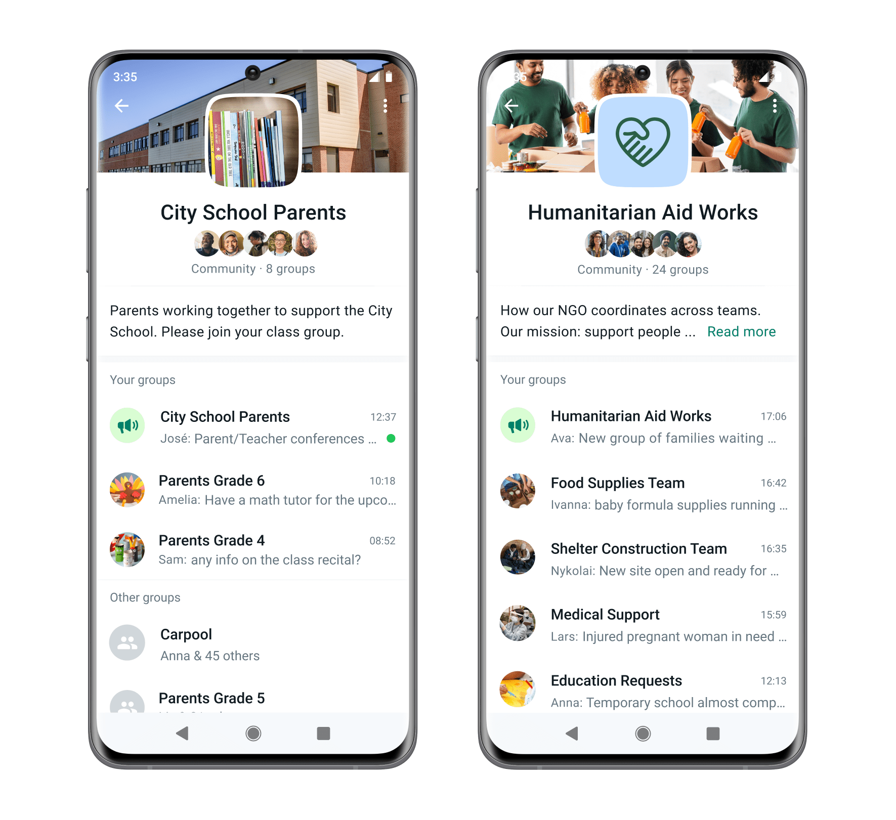 Product mock of Communities on WhatsApp
